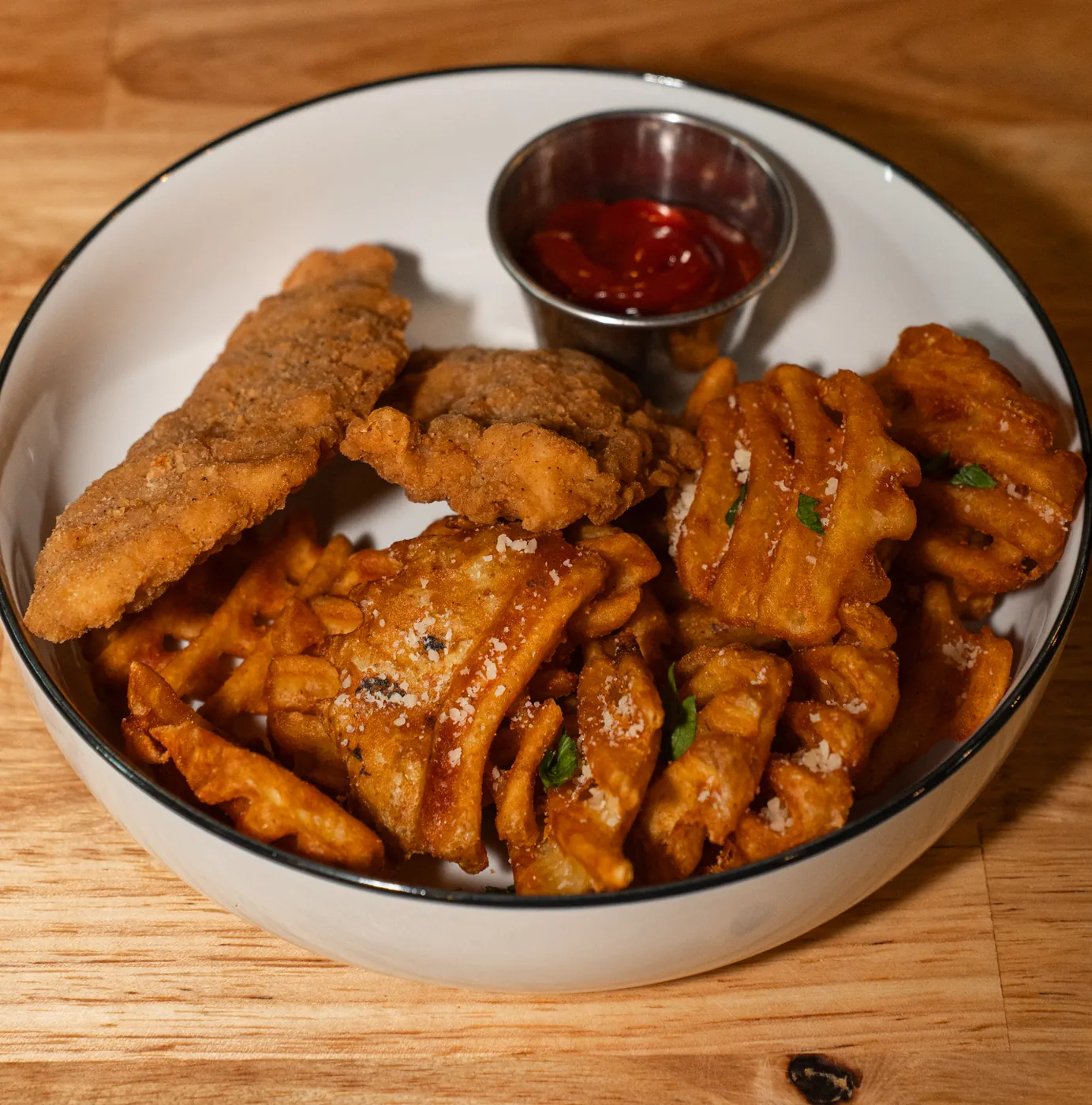 Kids chicken fingers with waffle fries
